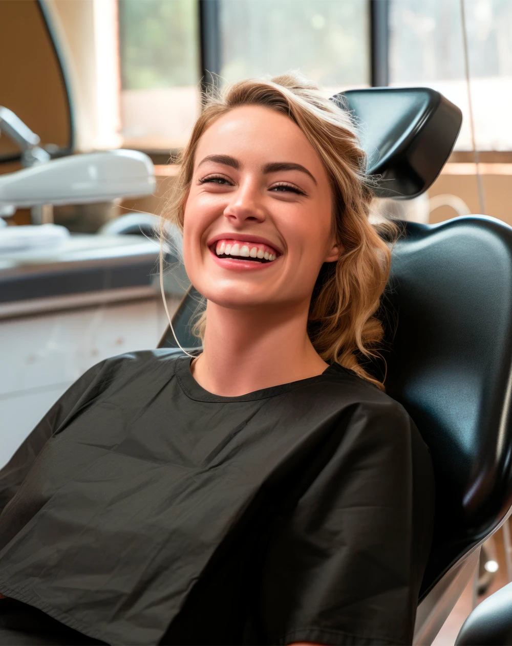 Person seated in a dental chair wearing a protective bib, with dental equipment visible in the background.
